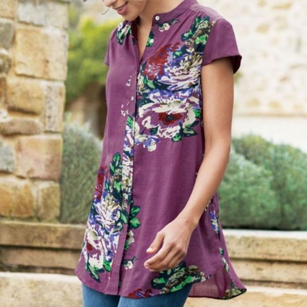 Soft Surroundings | Bouquet of Roses Violet Purple Floral Print Tunic Blouse